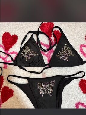 Black Rhinestone Butterfly Triangle Bikini - Women Swim